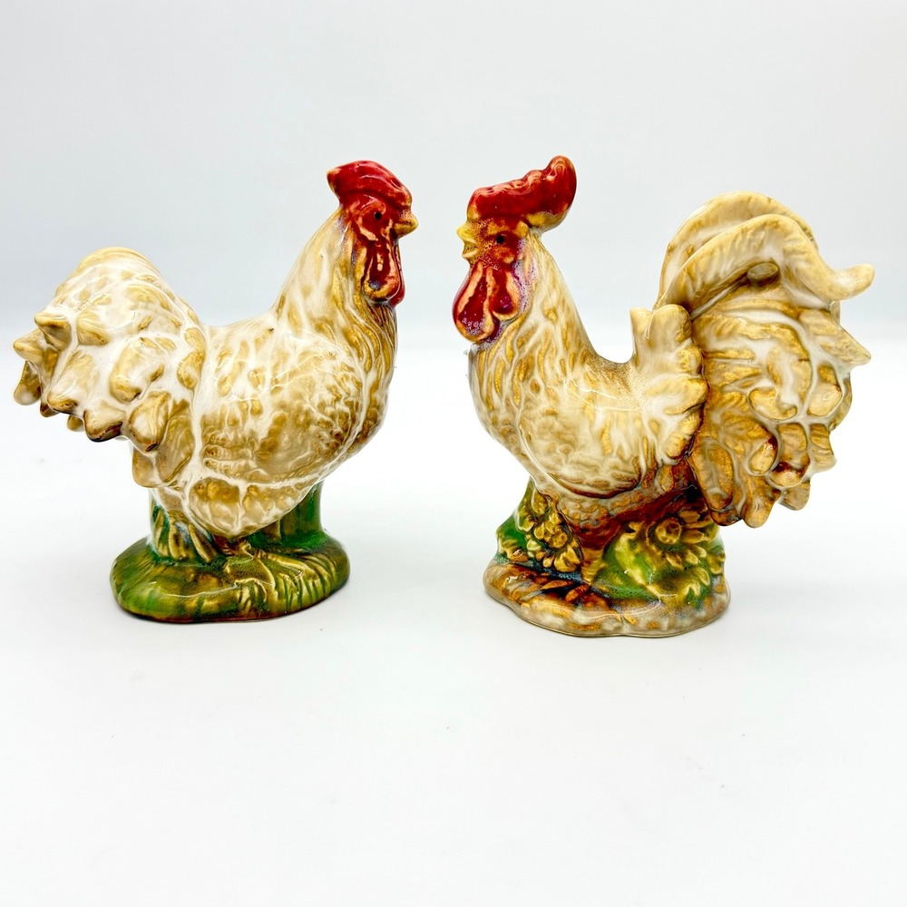 Vintage Ceramic Rooster Figurines Pair Drip Glaze Brown Green Base 4.75"